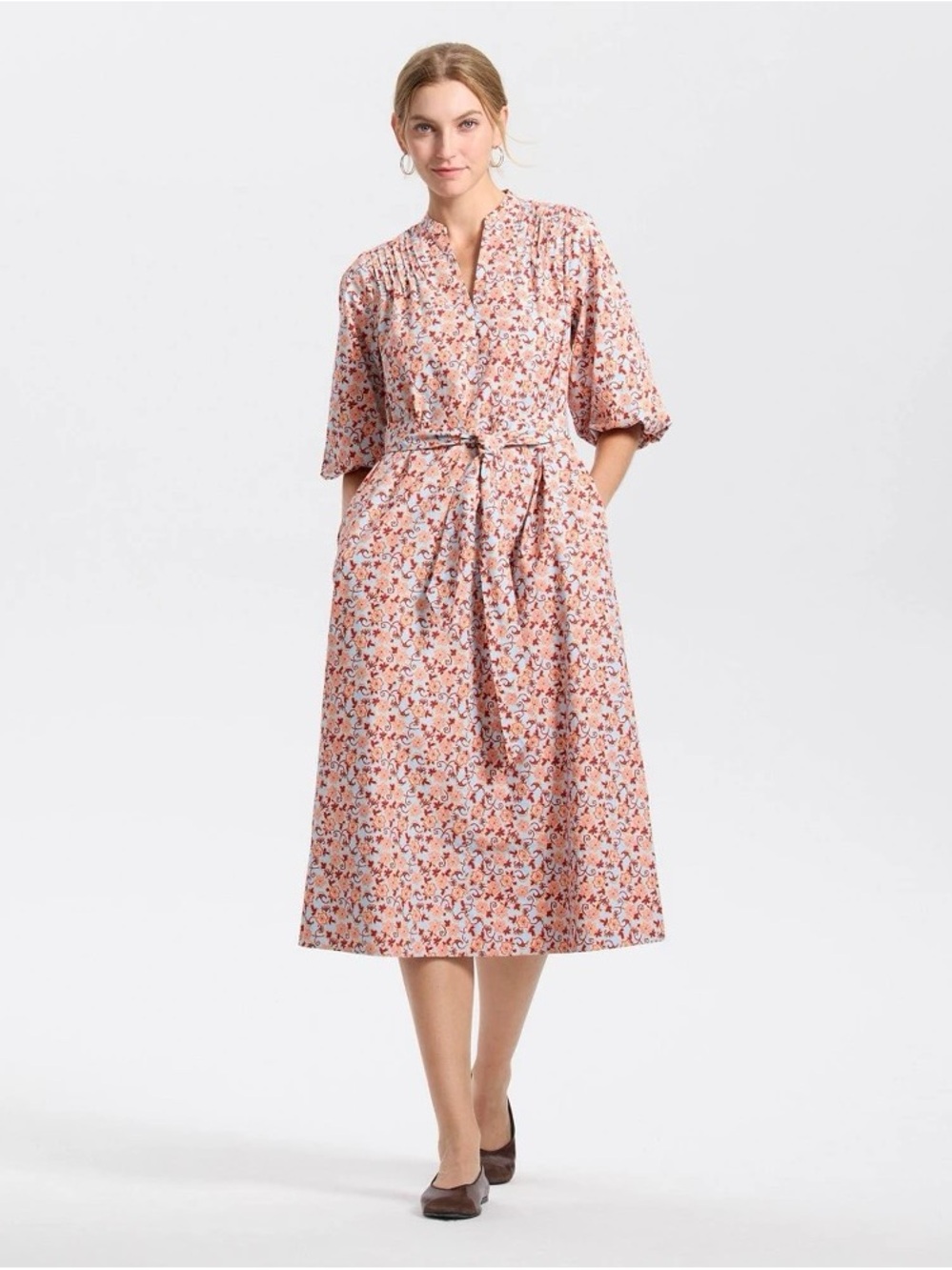 Universal Thread Peach Floral Tie-Waist Maxi Dress b182